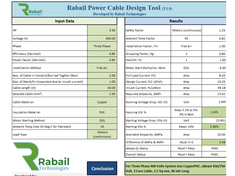 Solar and Electrical Cable Design Excel Tool by Rabail Technologies showing motor load inputs, cable sizing calculations, and voltage drop results.